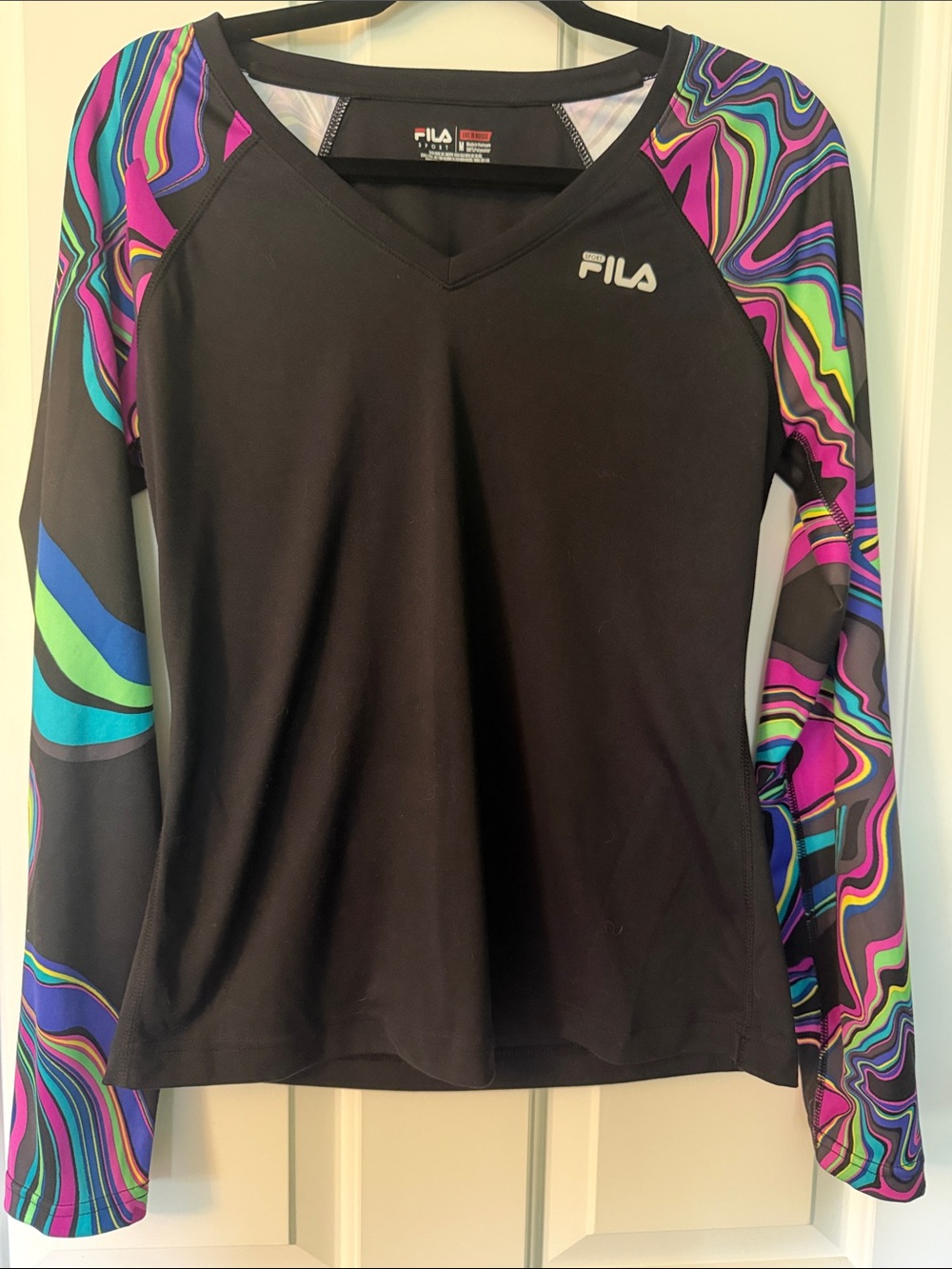 FILA Black Long-Sleeve Top with Multicolor Swirl Sleeves